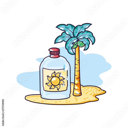solar blocker bottle in the beach with tree palm