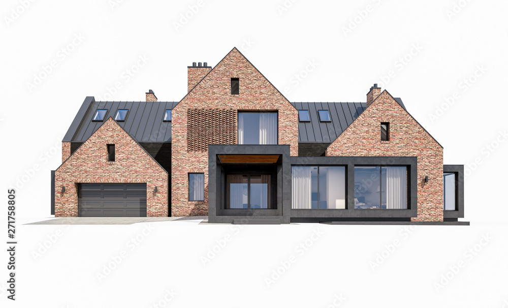3d rendering of modern cozy clinker house on the ponds with garage and pool for sale or rent. Isolated on white 3d rendering of modern cozy clinker house on the ponds with garage and pool for sale or rent. Isolated on white