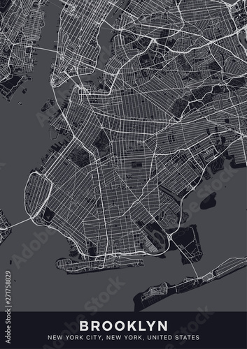 Brooklyn map. Dark poster with map of Brooklyn borough (New York, United States). Highly detailed map of Brooklyn with water objects, roads, railways, etc. Printable poster.