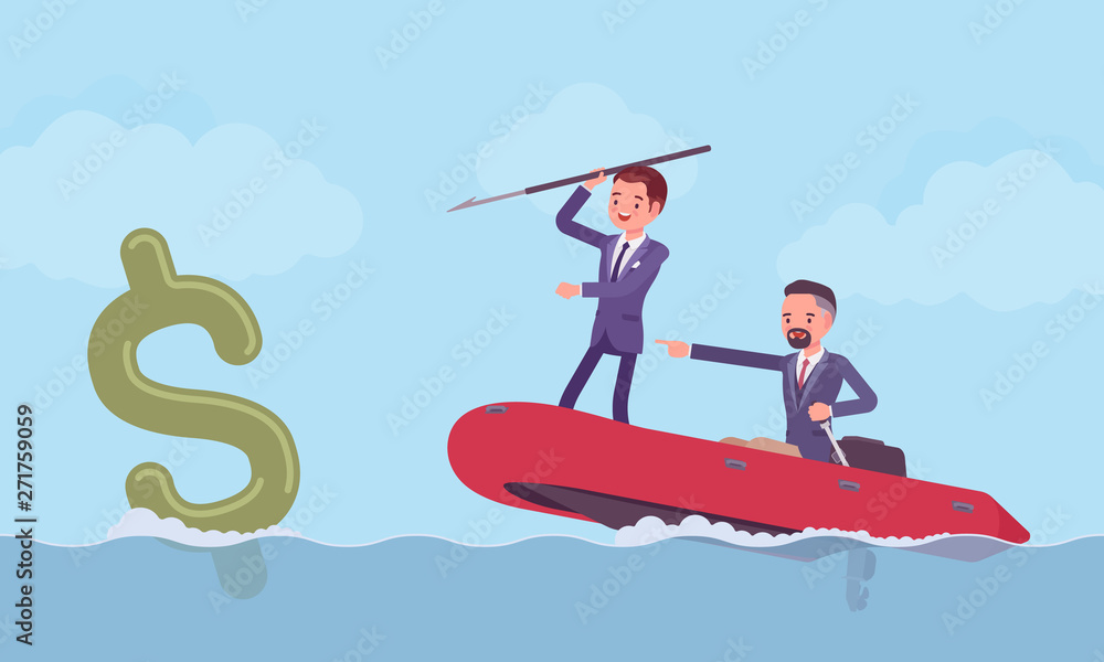 Business fishing for money with harpoon. Two businessmen on inflatable boat trying to catch a large dollar symbol, catching profit, success, hunting for big financial wealth. Vector illustration