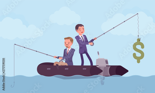 Business fishing for money. Two businessmen trying to catch a dollar symbol, more and less successful manager, different achievements and chance, luck, fortune in market. Vector illustration