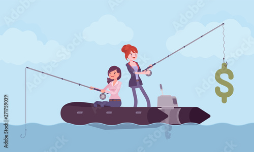 Business fishing for money. Two businesswomen trying to catch a dollar symbol, more and less successful manager, different achievements and chance, luck, fortune in market. Vector illustration
