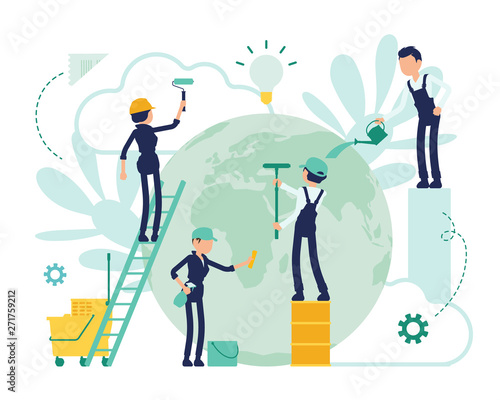 Taking care of nature and environment. Group of young eco conscious people help preserve and protect the Earth green, ecological restoration. Vector abstract illustration with faceless characters