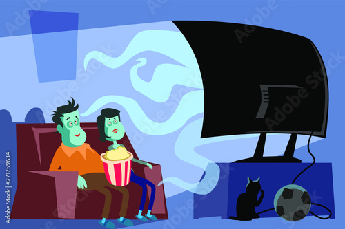 Family watching tv horror movie. Media addiction