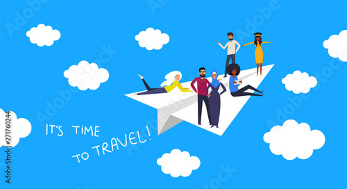 It's time to travel! Travel vacations design picture of papper aircraft, airplane, airliner in isometric, 3D style, cloud and different people. Vector illustration. Blue background.