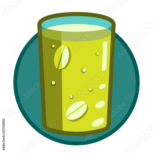 Drink in a clear glass with effervescent soluble tablets, water-soluble vitamins, drugs. Icon on the theme of food, health, green. Transparency.