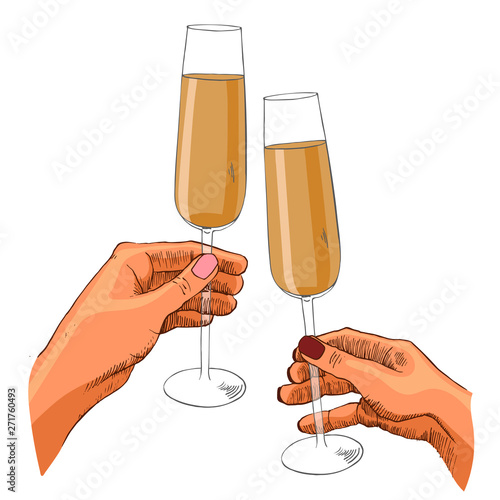 Vector illustration of two hands holding glasses with champagne