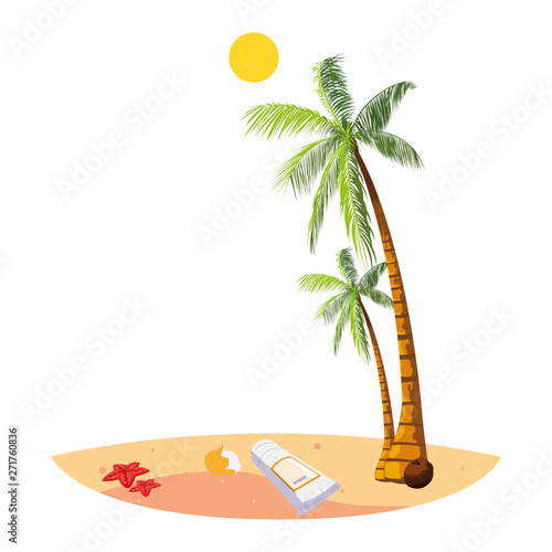 summer beach with palms and solar blocker scene