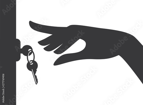 Vector key hanging on the door with hand