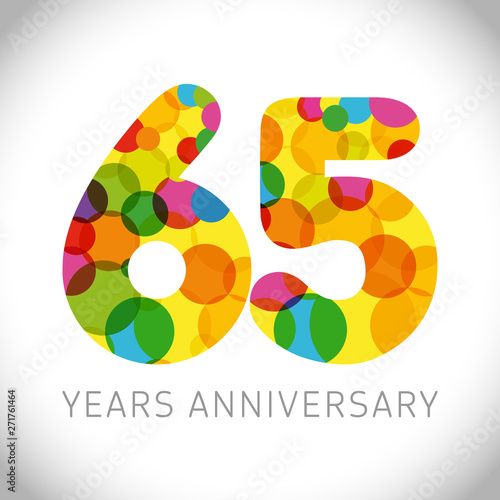 65 th anniversary numbers. 65 years old multicolored logotype. Congrats age greetings, congratulation idea. Isolated abstract graphic design template. Coloured digits up to -65% percent off discount.