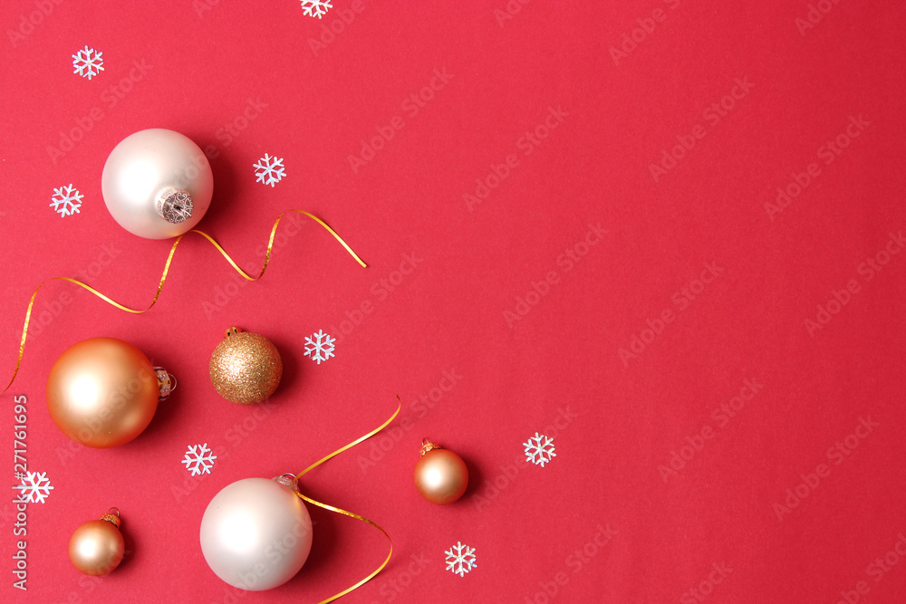 Obraz premium Christmas or New Year accessories on color background top view. Holidays, gifts, background, place for text. flatlay