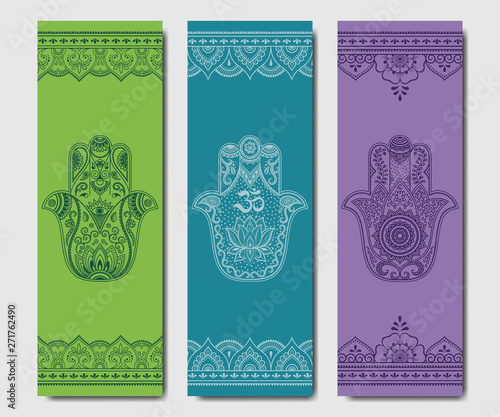Set of design yoga mats. Hamsa pattern in oriental style for decoration sport equipment. Colorful ethnic Indian ornaments for spiritual serenity. Decor of business card, poster, print in henna tattoo