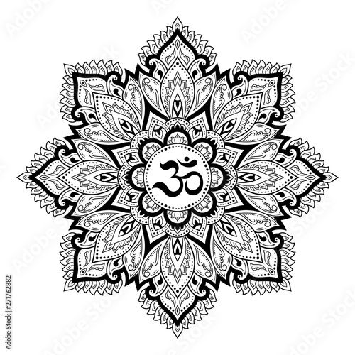 Circular pattern in form of mandala for Henna, Mehndi, tattoo, decoration. Decorative ornament in oriental style with ancient Hindu mantra OM. Outline doodle vector illustration.