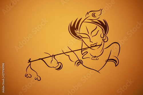 Tableau sur toile god krishna reading his flute as in hindu mythology