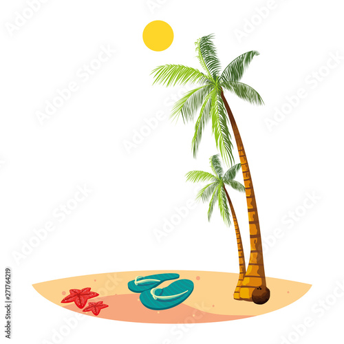 summer beach with palms and flip flops scene