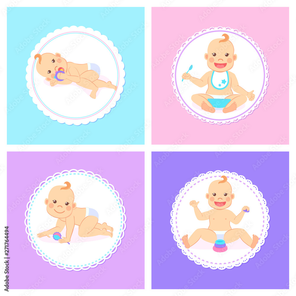 Smiling baby wearing bib and eating vector, kid holding spoon flat style. Childhood newborn baby laying, playing child, plastic toys on ground set Smiling baby wearing bib and eating vector, kid holding spoon flat style. Childhood newborn baby laying, playing child, plastic toys on ground set
