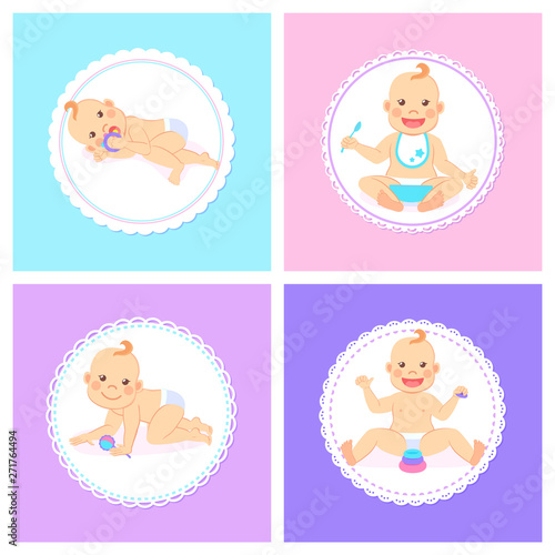 Smiling baby wearing bib and eating vector, kid holding spoon flat style. Childhood newborn baby laying, playing child, plastic toys on ground set