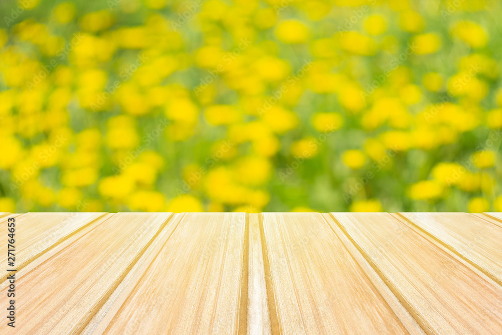 Empty blue wooden table with blurred city park on background. concept party, products, summer background Empty blue wooden table with blurred city park on background. concept party, products, summer background