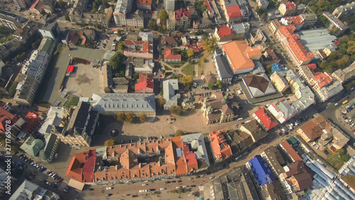Aerial, top view from Drone. The historic center of Ivano-Frankivsk city, Ukraine, with city hall building in art deco style.