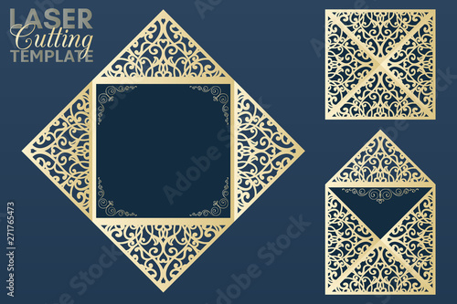 Wedding invitation cutout paper four fold card template for laser cutting. Square envelope with patterned corners, Suitable for greeting cards, invitations, menus.