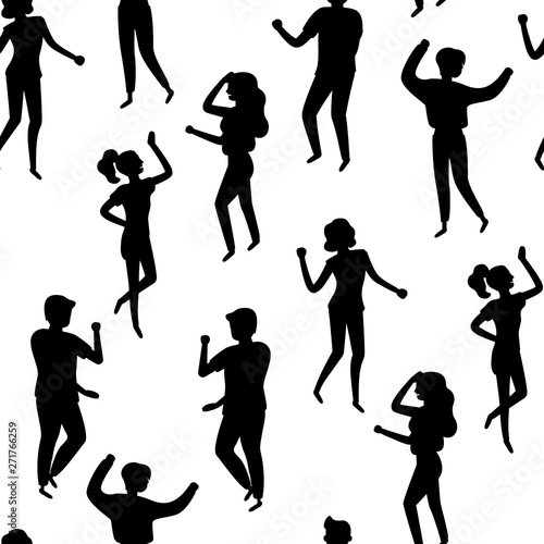 Young happy woman and man dancing to party music  seamless pattern background. Black silhouette. Stylish human at festival event  outdoor concert or club dance floor. Vector flat illustration