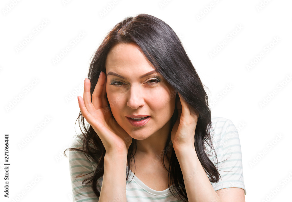 Woman without her glasses can't see Close up portrait Woman without her glasses can't see Close up portrait