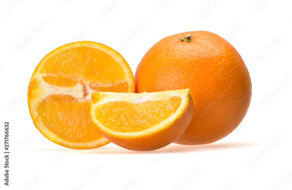 Fresh juicy composition of ripe sliced tropical oranges on a neutral white background Fresh juicy composition of ripe sliced tropical oranges on a neutral white background