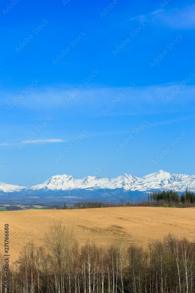 日本　北海道　山と青空背景
