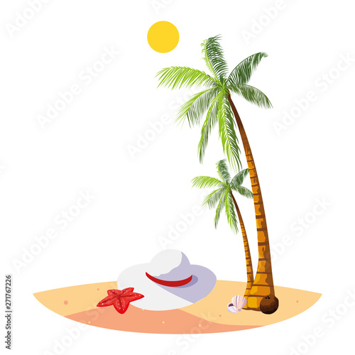 summer beach with palms and female hat scene