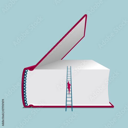 Businessman climbs the books. Isolated on blue background.