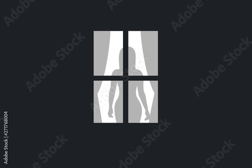 Voyeurism and voyeuristic spying and snooping - neighbor is watching window into room with beautiful, sexy and attractive woman behind curtains. Vector illustration