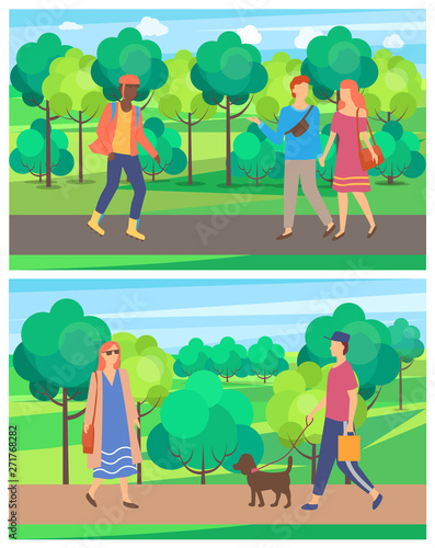 Meeting of man and woman in park, passerby on roller-skates, people going on road near trees, walking of male and female character, person with dog vector
