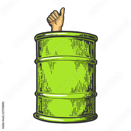 Thumb up in oil barrel color sketch engraving vector illustration. Scratch board style imitation. Black and white hand drawn image.