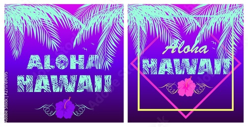 T-shirt neon violet prints variation with Aloha Hawaii mint color lettering, coconut palm leaves, seagull and lilac hibiscus on the violet background