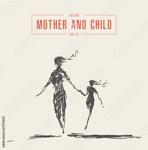 Mother and child running silhouette drawn vector