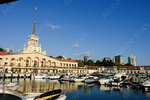 Commercial seaport of Sochi, Russia. Yachts and ships on Black Sea.