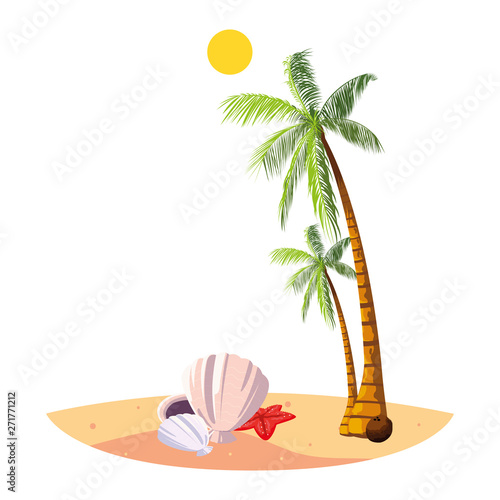 summer beach with palms and shells scene