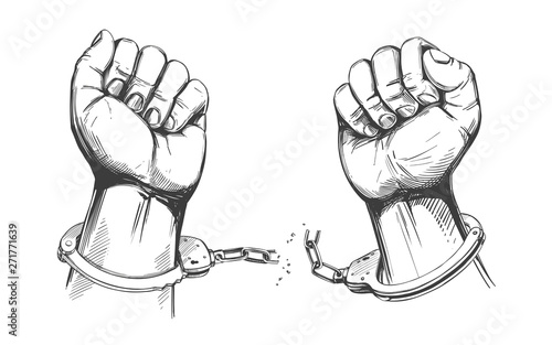 hands break the chain handcuffs, a symbol of freedom and forgiveness icon hand drawn vector illustration sketch