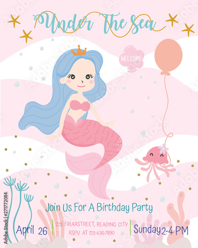 Cute mermaid theme birthday party invitation card vector illustration.