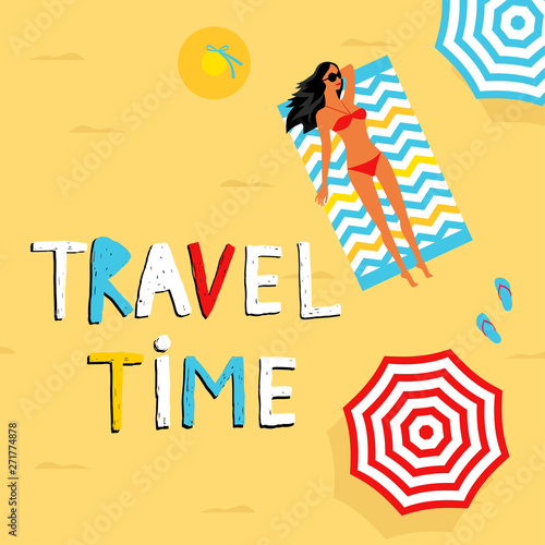 Travel time.Summer background. girl sunbathing on the beach, beach umbrellas, hats, slates. Template for card, banner