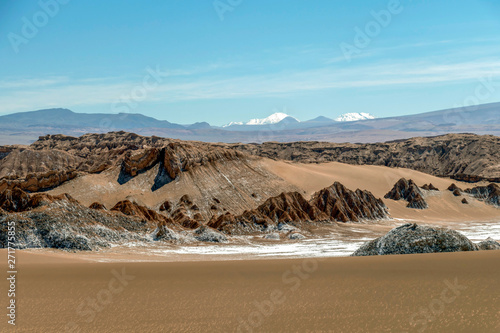 Moonlike landscape of dunes, rugged mountains and geological rock formations of Valle de la Luna (Moon valley) in Atacama desert, Chile