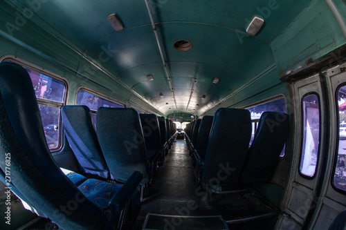 Fish eyed view old bus inside.