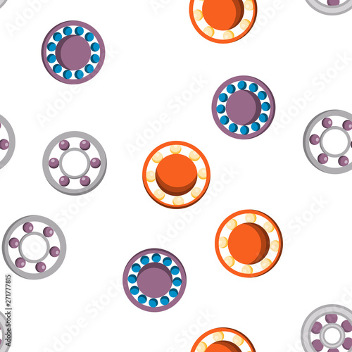 Ball Bearing Mechanism Vector Color Icons Seamless Pattern. Rolling Ball Bearing Linear Symbols Pack. Wheels, Gears, Machinery Equipment. Engineering, Machine Element Illustrations