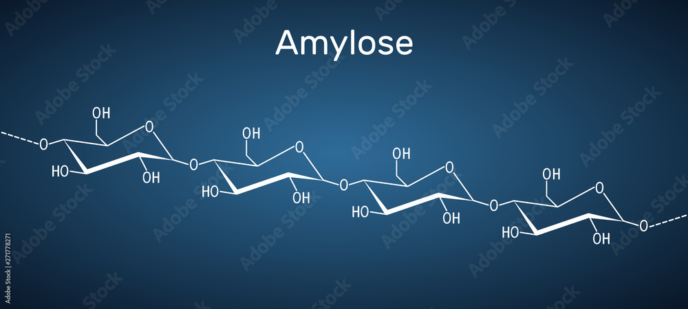 Amylose molecule. It is a polysaccharide and one of the two components of starch. Structural chemical formula on the dark blue background