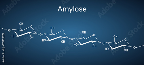 Amylose molecule. It is a polysaccharide and one of the two components of starch. Structural chemical formula on the dark blue background