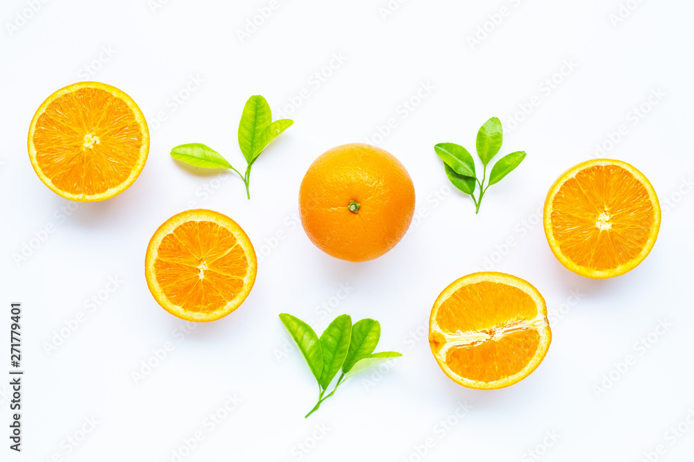 High vitamin C, Juicy and sweet. Fresh orange fruit with green leaves on white High vitamin C, Juicy and sweet. Fresh orange fruit with green leaves on white