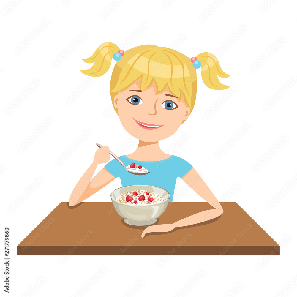 Kid eats oatmeal. Cute smiling girl eating healthy breakfast in the  morning. Vector illustration in cartoon simple flat style. Stock Vector |  Adobe Stock