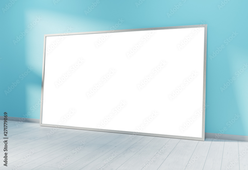 Large horizontal frame leaning on a blue wall 3D rendering Large horizontal frame leaning on a blue wall 3D rendering