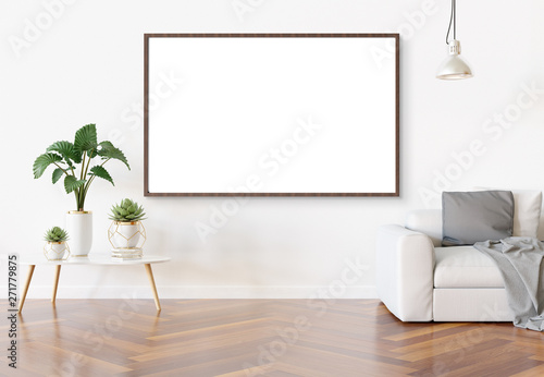 Frame hanging in bright white living room with plants and decorations mockup 3D rendering