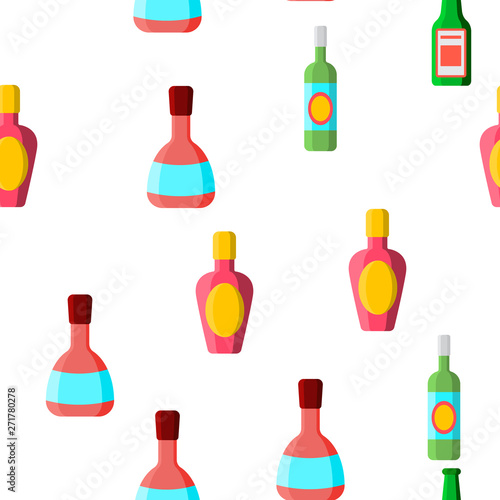 Glass Bottles Linear Vector Icons Seamless Pattern. Plastic  Glass Bottles Contour Symbols Pack. Alcohol Simple Color Pictograms Collection. Wine  Beer  Soda Flat illustrations